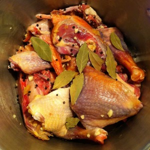 chicken and spices ready in the pot for chick adobo