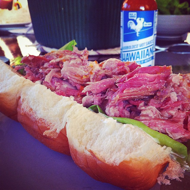 adoboloco kalua pig slider with Hawaiian Chili Pepper Water
