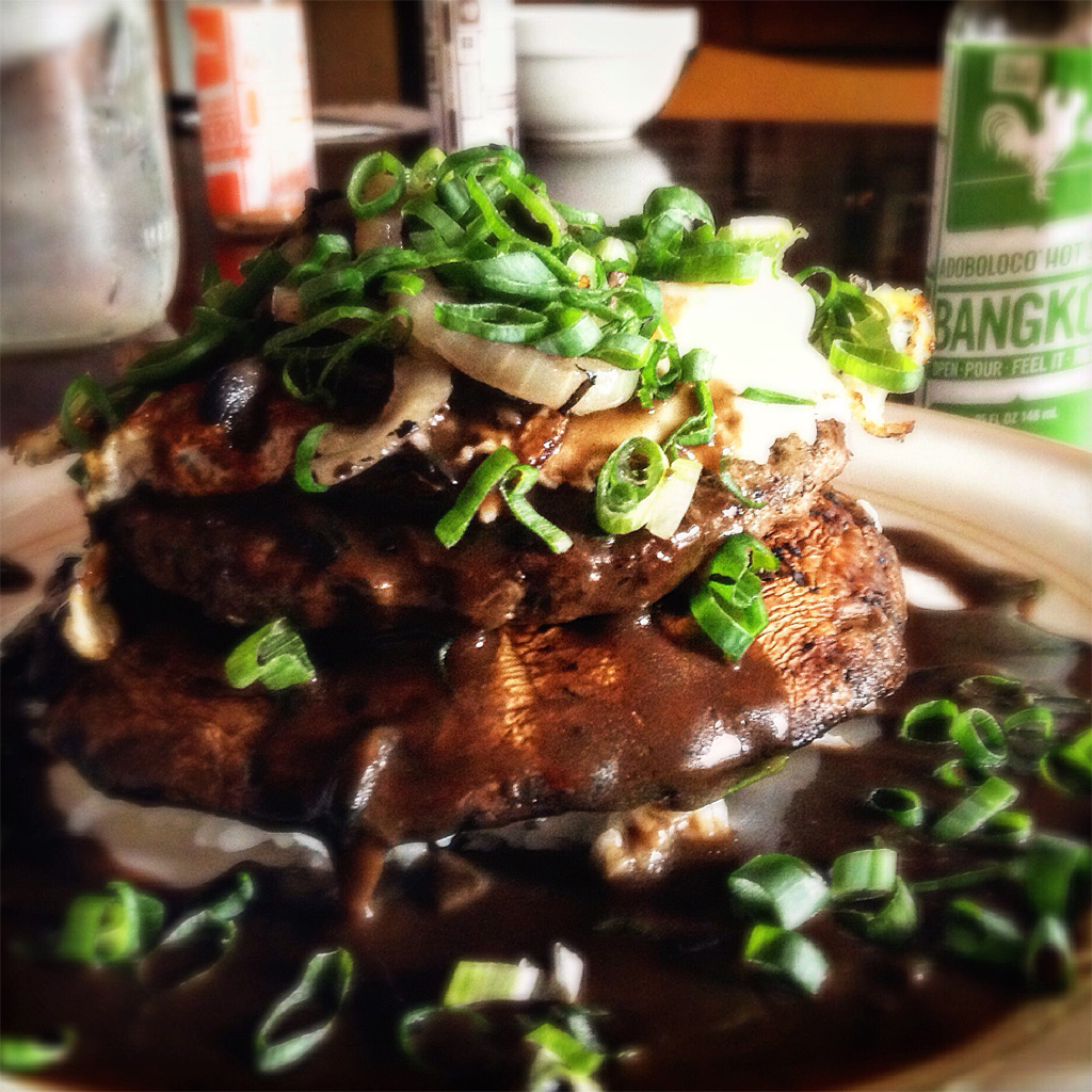 Loco Moco with Portabella Mushroom, grilled onion, sweet onion, gravy and rice