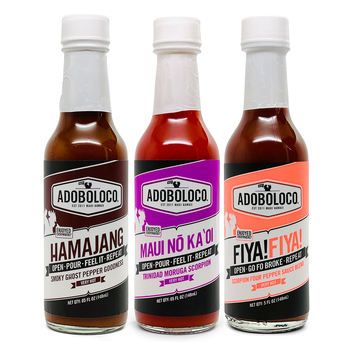 ADOBOLOCO PRIMO HOT SAUCE GIFT PACK with Hamajang, Maui No Ka Oi and FIYA! FIYA!