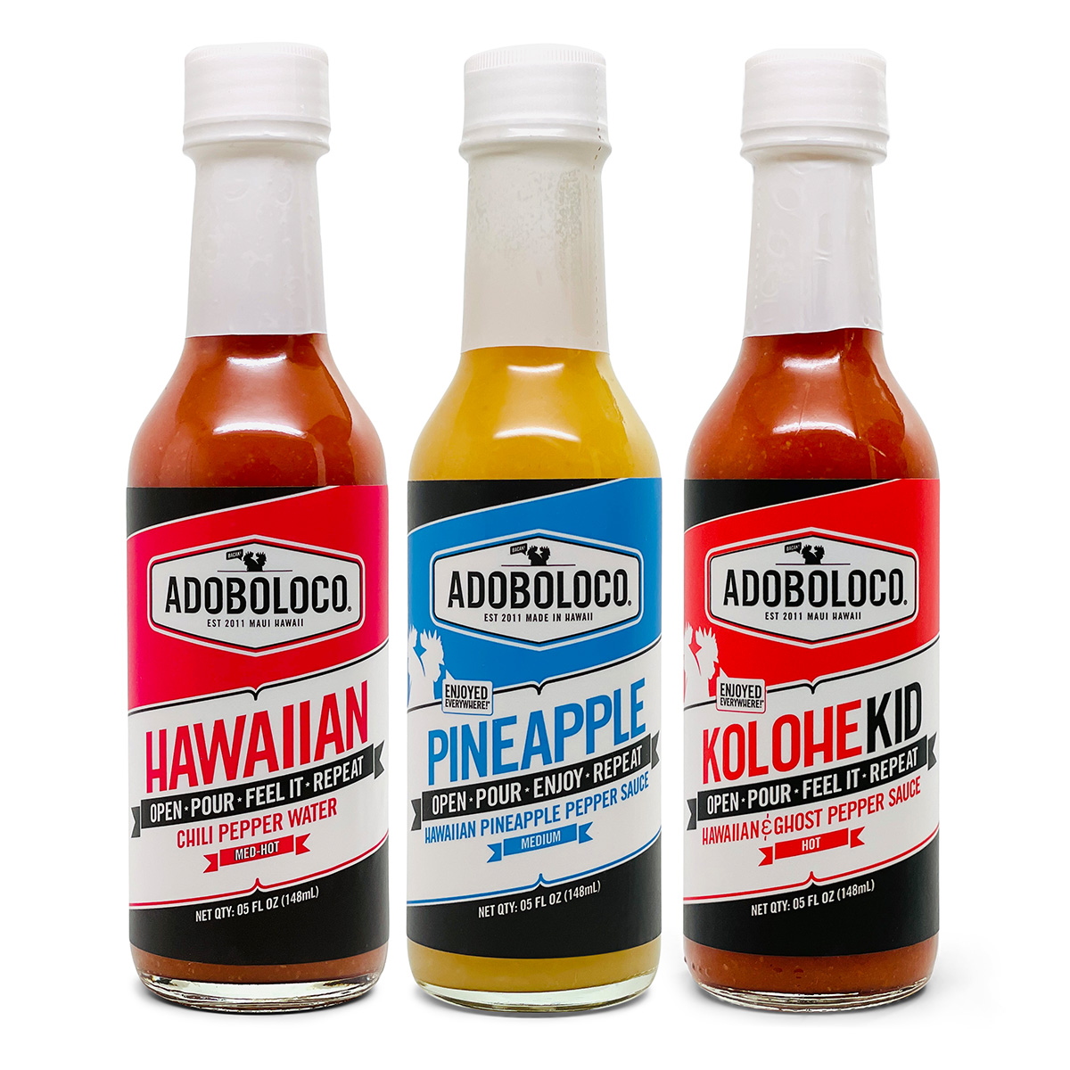ADOBOLOCO PRIMO HOT SAUCE GIFT PACK with Hawaiian Chili Pepper Water, Pineapple Habanero and Kolohe Kid Ghost Pepper and Hawaiian Chili Pepper