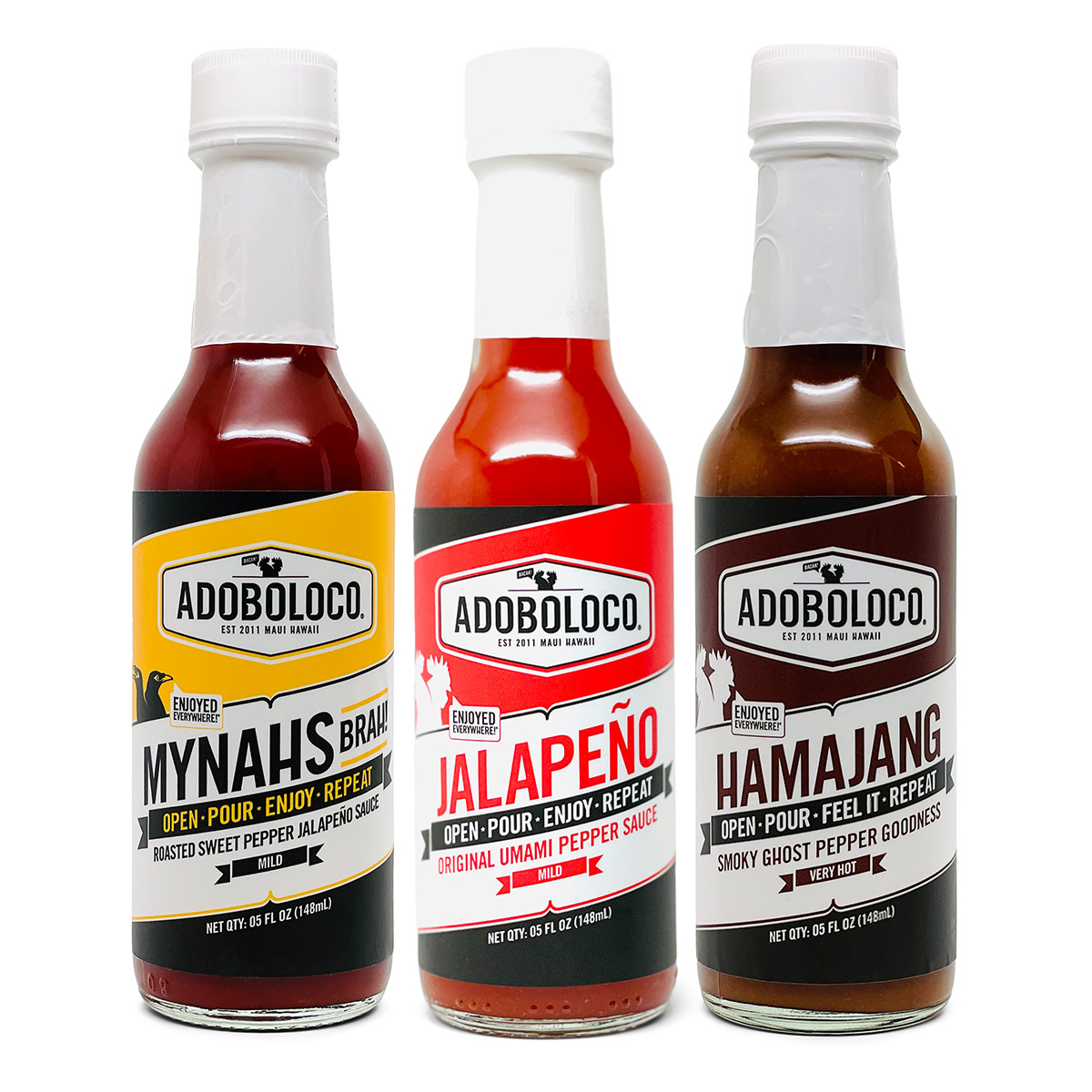 ADOBOLOCO PRIMO HOT SAUCE GIFT PACK with Mynahs Brah!, Jalapeno Umami and Hamajang Smoked Ghost and Habanero pepper sauce