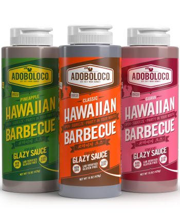 Adoboloco Hawaiian Barbecue showing one each of Pineapple Hawaiian Barbecue, Classic Hawaiian Barbecue, Guava Hawaiian Barbecue