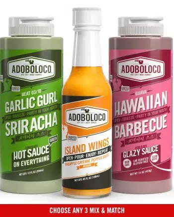 Adoboloco build your own combo with Hawaiian Barbecue, Hot Sauce or Sriracha