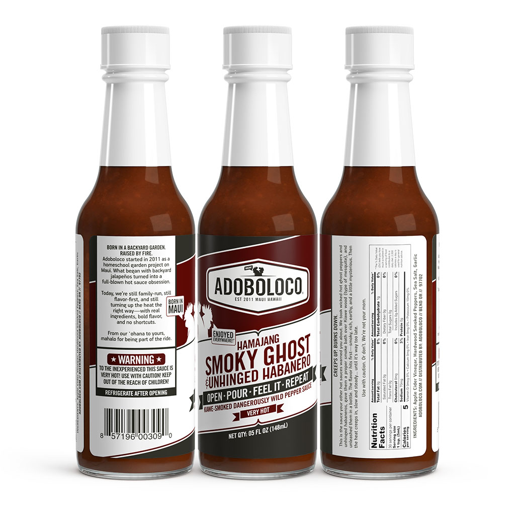 Hamajang Smoky Ghost & Unhinged Habanero Hot Sauce - 3 Sides of bottle view
