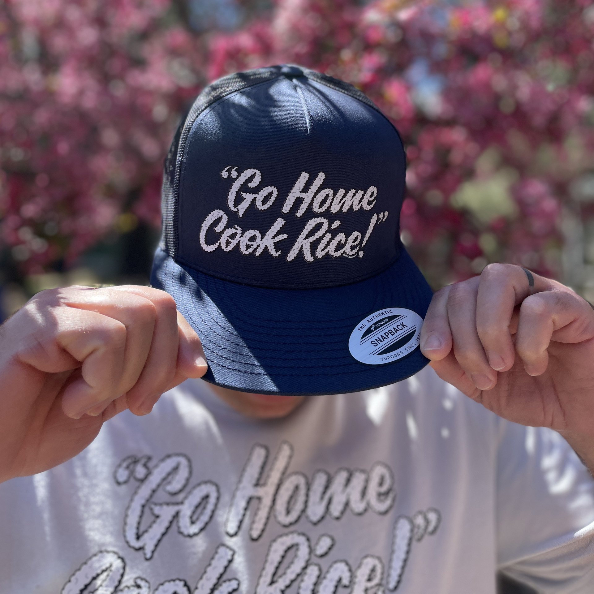 GO HOME COOK RICE! Navy blue snapback hat